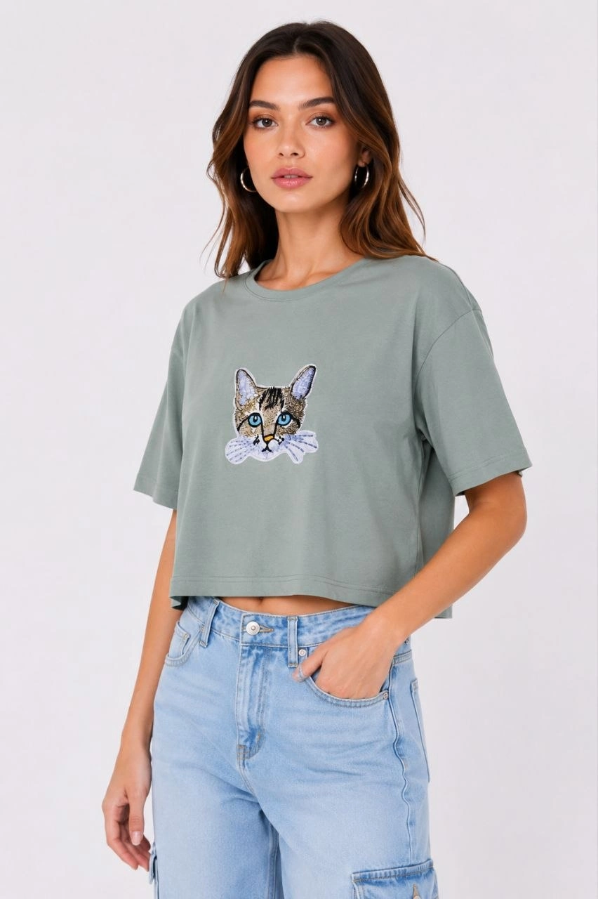 Kadın Kedi Baskılı Oversize Crop Tişört Salaş Basic Yarım Kol T-shirt – Mint Yeşili