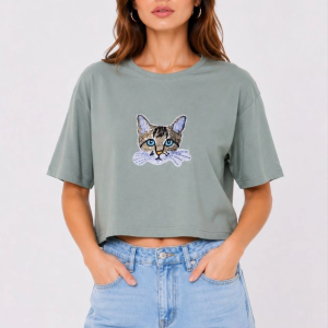 Kadın Kedi Baskılı Oversize Crop Tişört Salaş Basic Yarım Kol T-shirt – Mint Yeşili