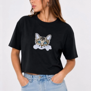 Kadın Kedi Baskılı Oversize Crop Tişört Salaş Basic Yarım Kol T-shirt – Siyah