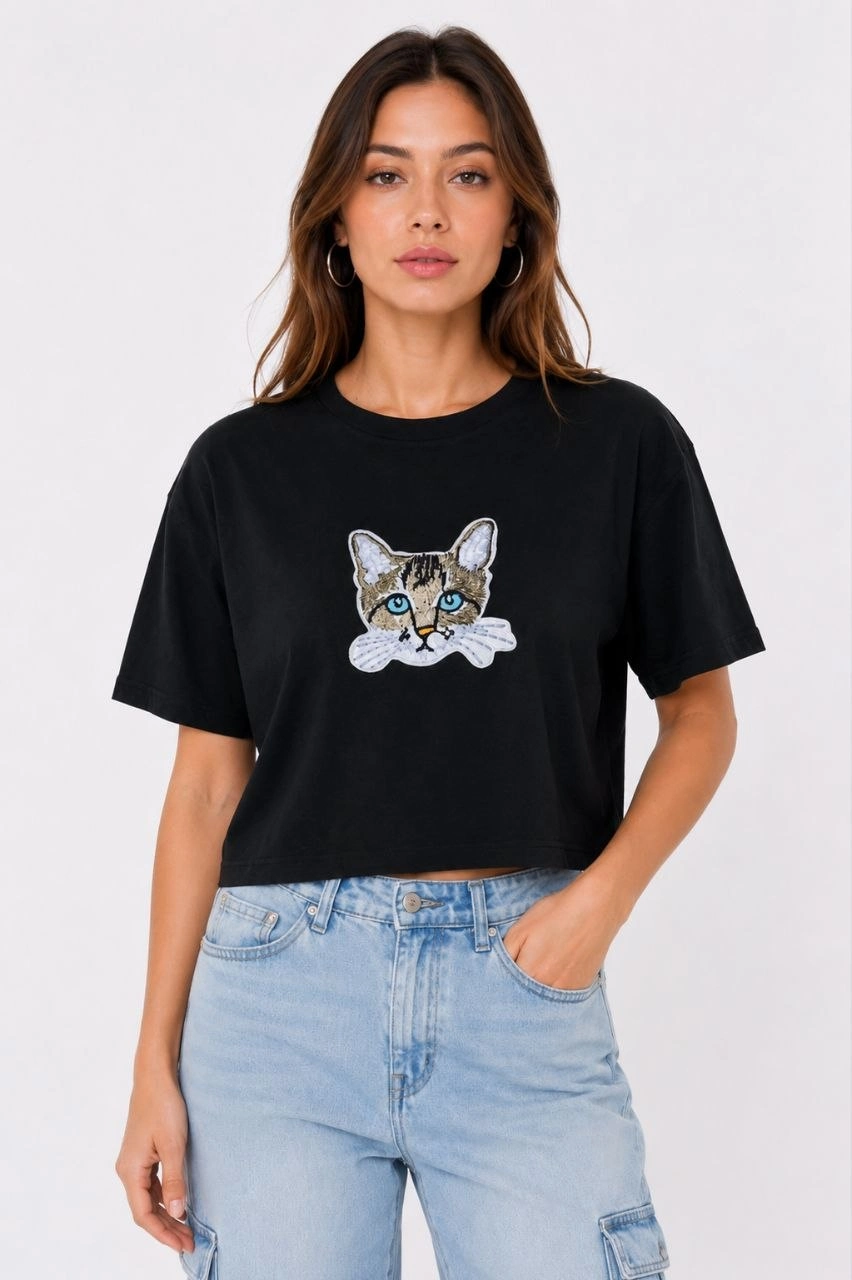 Kadın Kedi Baskılı Oversize Crop Tişört Salaş Basic Yarım Kol T-shirt – Siyah