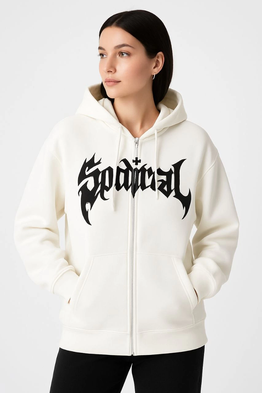 Kadın Kapüşonlu 3 İplik Pamuklu Önü Baskılı Fermuarlı Oversize Hoodie Sweatshirt – Beyaz