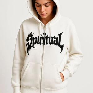 Kadın Kapüşonlu 3 İplik Pamuklu Önü Baskılı Fermuarlı Oversize Hoodie Sweatshirt – Beyaz