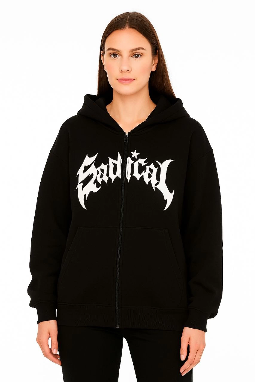 Kadın Kapüşonlu 3 İplik Şardonlu Önü Baskılı Fermuarlı Oversize Sweatshirt – Siyah