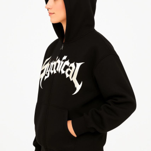 Kadın Kapüşonlu 3 İplik Şardonlu Önü Baskılı Fermuarlı Oversize Sweatshirt – Siyah