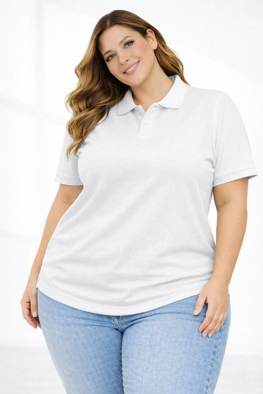 Kadın Battal Beden Tişört Polo Yaka Pike Kumaş Kısa Kol T-Shirt – Beyaz