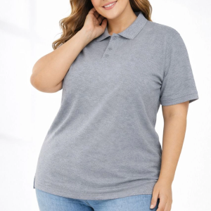 Kadın Battal Beden Tişört Polo Yaka Pike Kumaş Kısa Kol T-Shirt – Gri