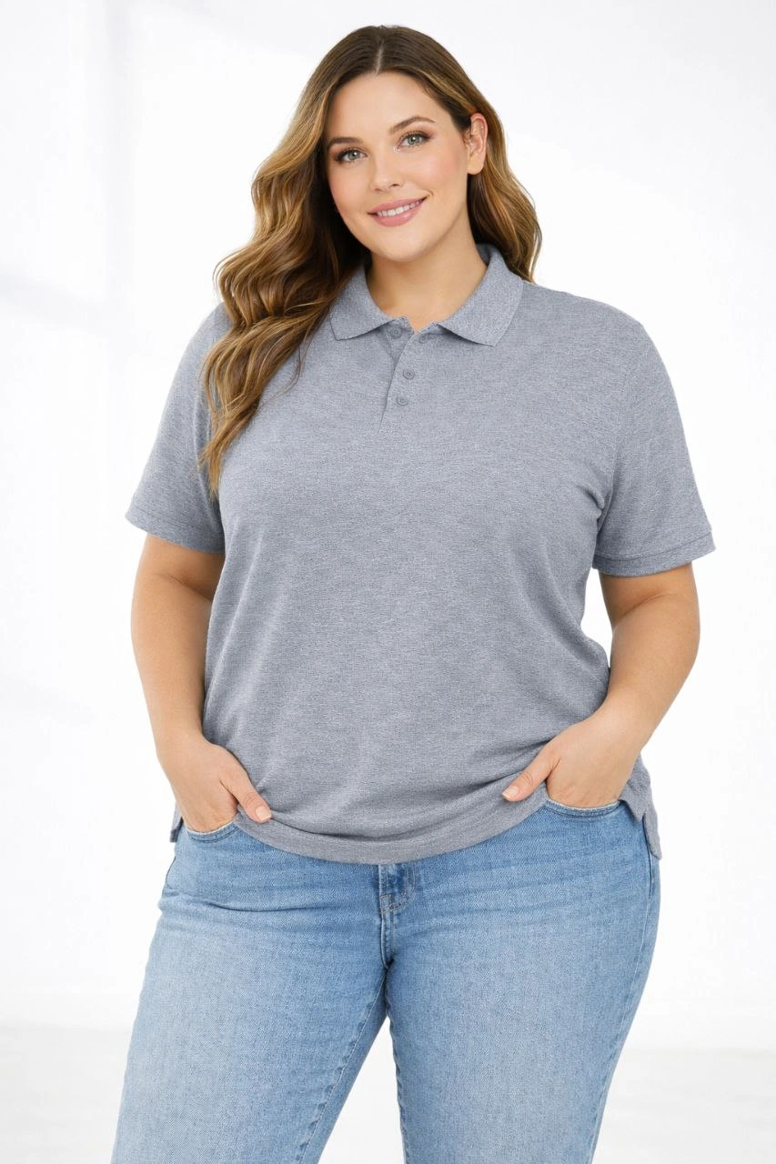 Kadın Battal Beden Tişört Polo Yaka Pike Kumaş Kısa Kol T-Shirt – Gri