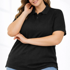 Kadın Battal Beden Tişört Polo Yaka Pike Kumaş Kısa Kol T-Shirt – Siyah