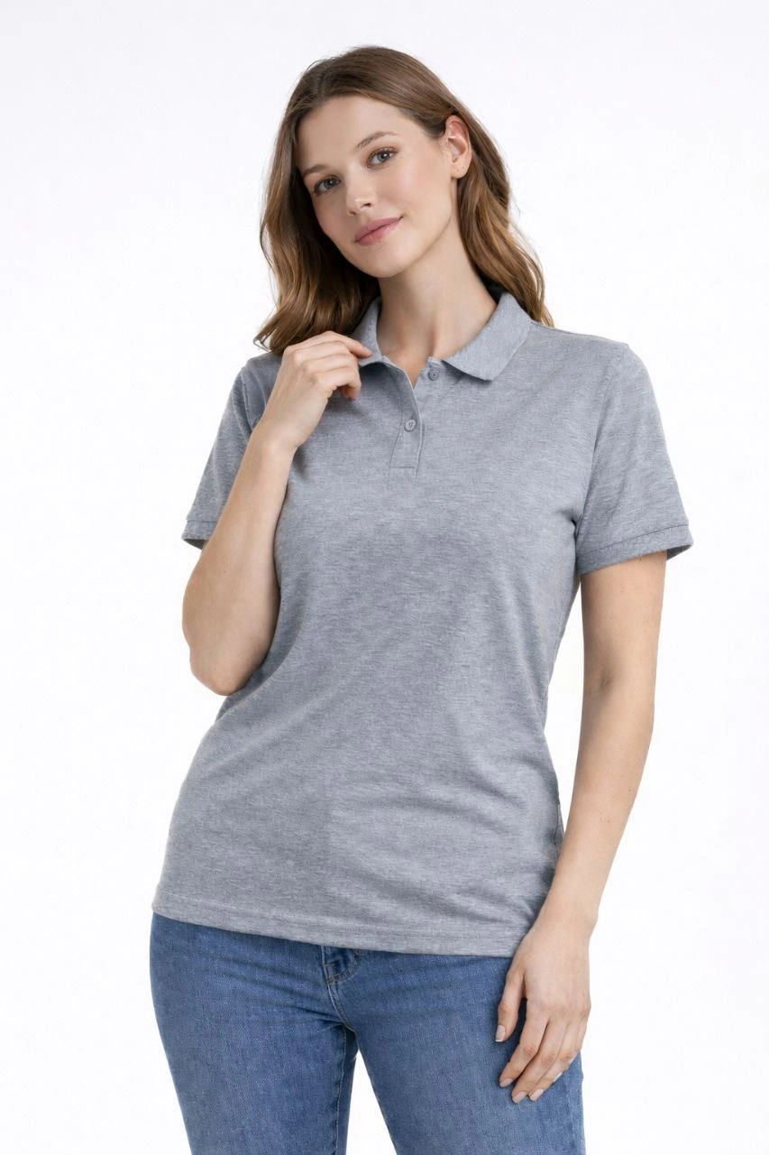 Kadın Polo Yaka Tişört Pike Kumaş Kısa Kol Regular Fit Yazlık T-Shirt – Gri