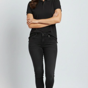 Kadın Polo Yaka Tişört Pike Kumaş Kısa Kol Regular Fit Yazlık T-Shirt – Siyah