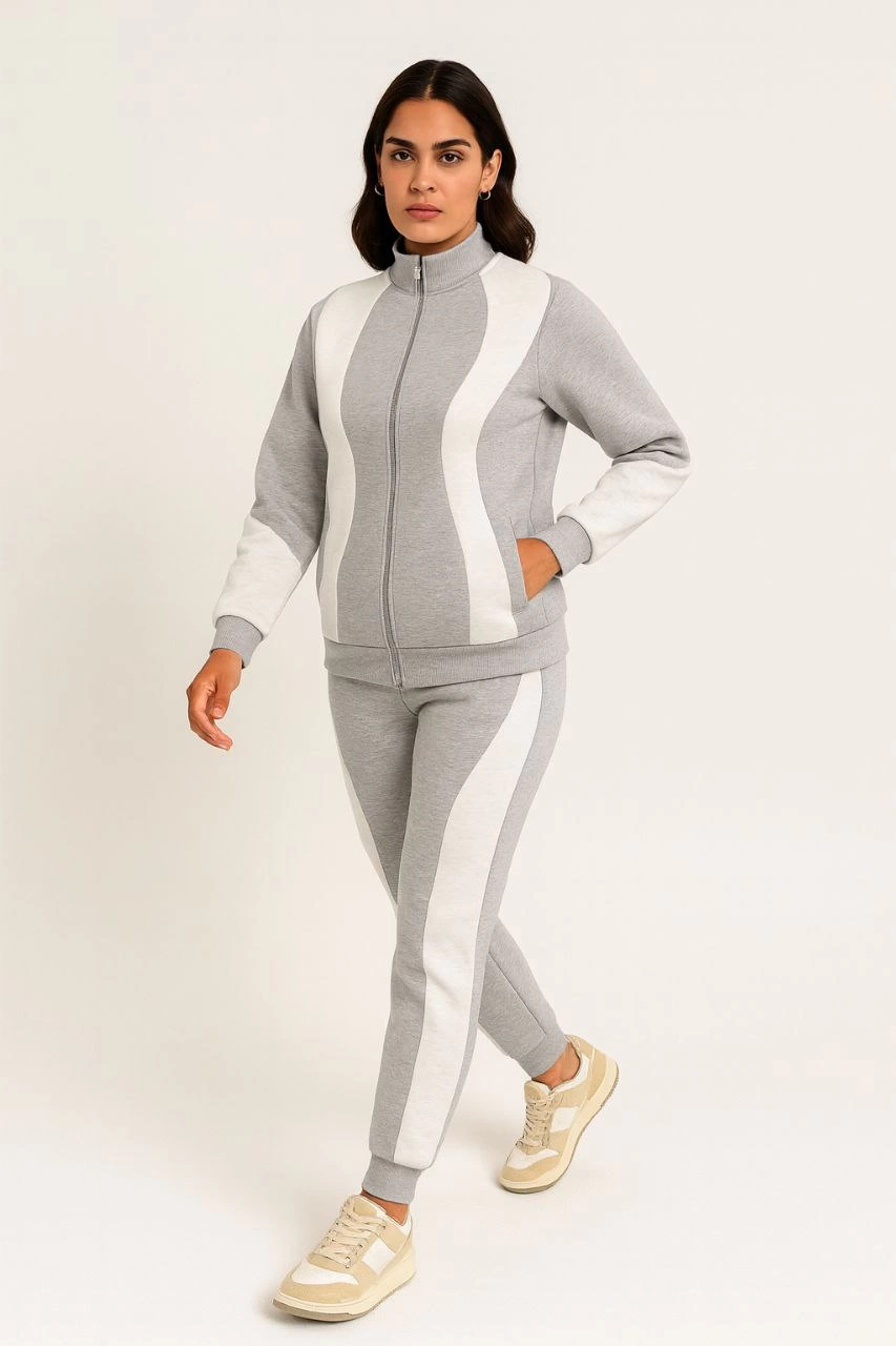 Kadın Premium Parçalı Eşofman Alt-Üst Takım – Dik Yaka Fermuarlı Sweatshirt – Gri