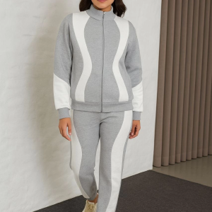 Kadın Premium Parçalı Eşofman Alt-Üst Takım – Dik Yaka Fermuarlı Sweatshirt – Gri