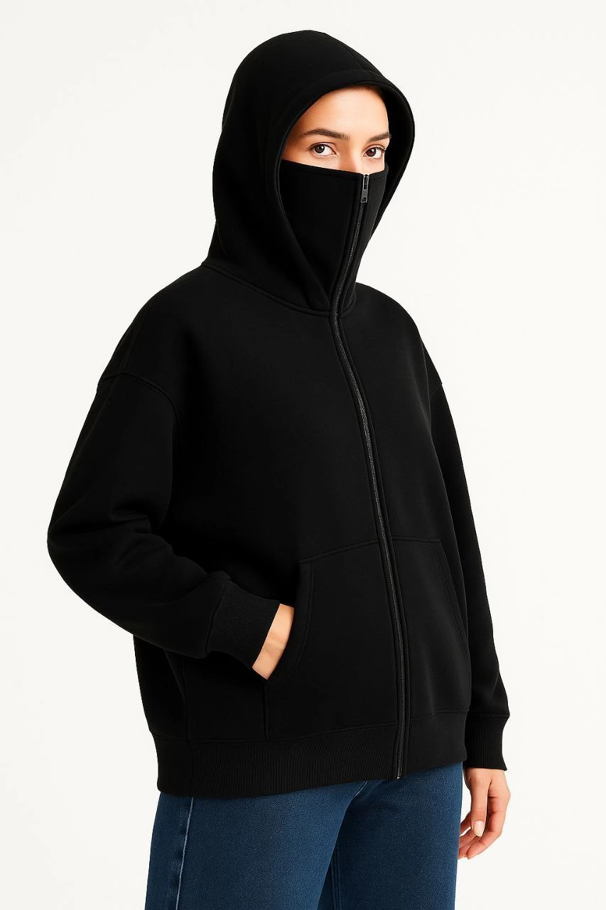Kadın Samuray Ninja Çift Kapüşonlu Maske Detaylı 3 İplik Hoodie – Siyah