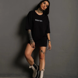 Kadın Oversize Tişört Golf GTI Retro Araba Baskılı T-shirt- Siyah