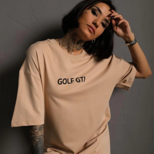 Kadın Oversize Tişört Golf GTI Retro Araba Baskılı T-shirt – Bej