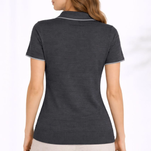 Kadın Yazlık Dokuma Triko Tişört Düğmesiz Polo Yaka Kısa Kol T-Shirt – Siyah