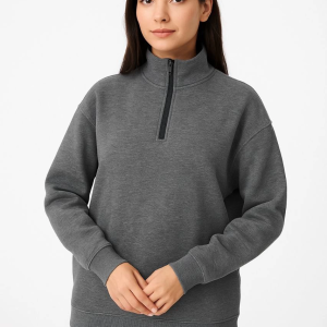 Kadın 3 İplik Pamuklu Dık Yaka Yarım Fermuarlı SweatShirt – Antrasit