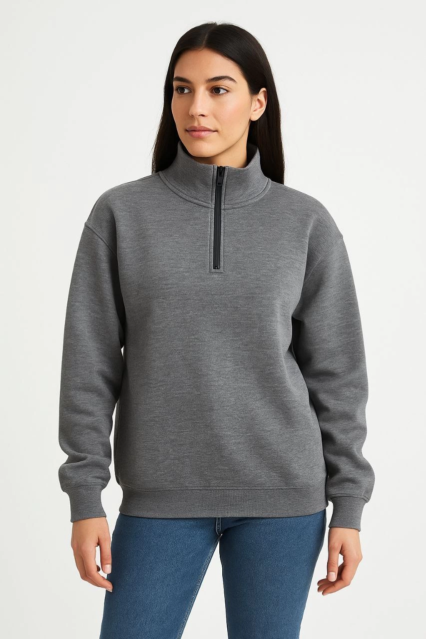 Kadın 3 İplik Pamuklu Dık Yaka Yarım Fermuarlı SweatShirt – Antrasit