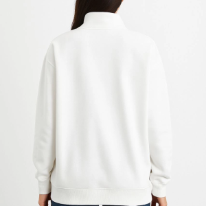 Kadın 3 İplik Pamuklu Dık Yaka Yarım Fermuarlı SweatShirt – Beyaz
