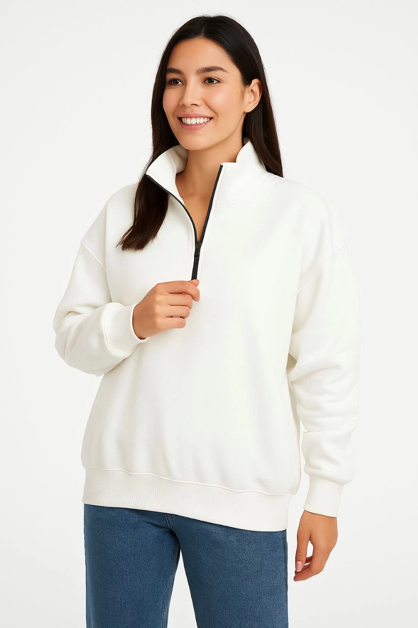 Kadın 3 İplik Pamuklu Dık Yaka Yarım Fermuarlı SweatShirt – Beyaz