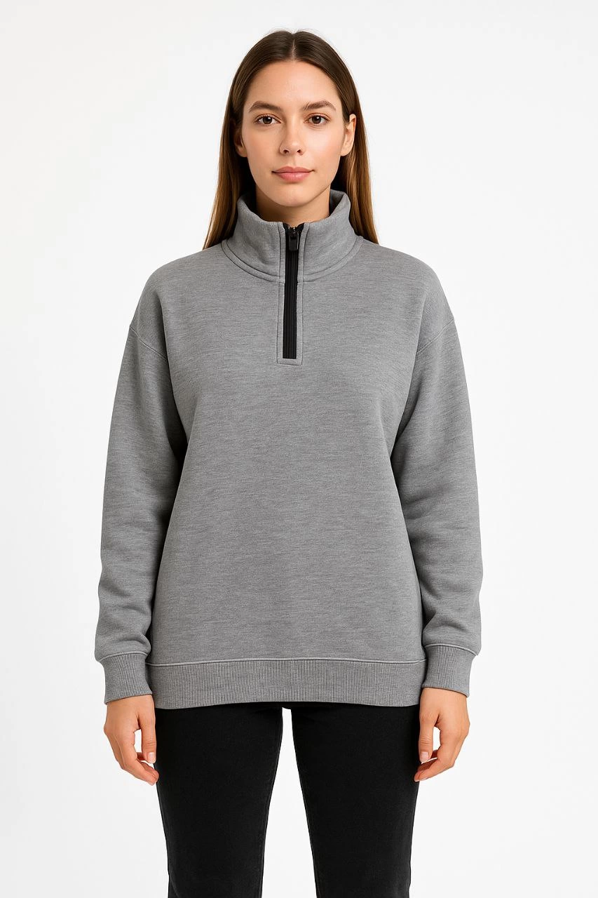 Kadın 3 İplik Pamuklu Dık Yaka Yarım Fermuarlı SweatShirt – Gri
