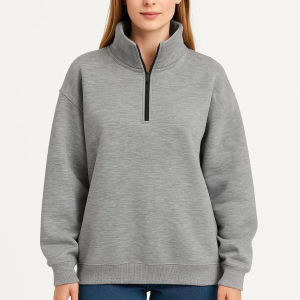 Kadın 3 İplik Pamuklu Dık Yaka Yarım Fermuarlı SweatShirt – Gri