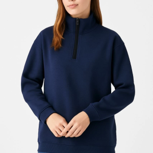 Kadın 3 İplik Pamuklu Dık Yaka Yarım Fermuarlı SweatShirt – Lacivert
