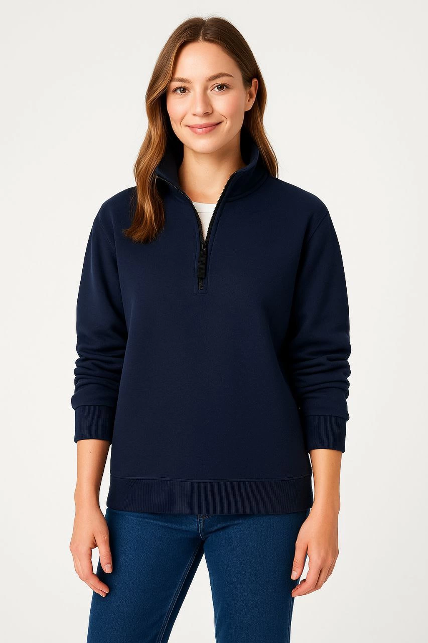 Kadın 3 İplik Pamuklu Dık Yaka Yarım Fermuarlı SweatShirt – Lacivert