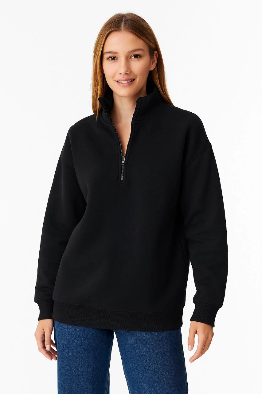 Kadın 3 İplik Pamuklu Dık Yaka Yarım Fermuarlı SweatShirt – Siyah
