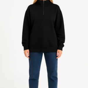 Kadın 3 İplik Pamuklu Dık Yaka Yarım Fermuarlı SweatShirt – Siyah