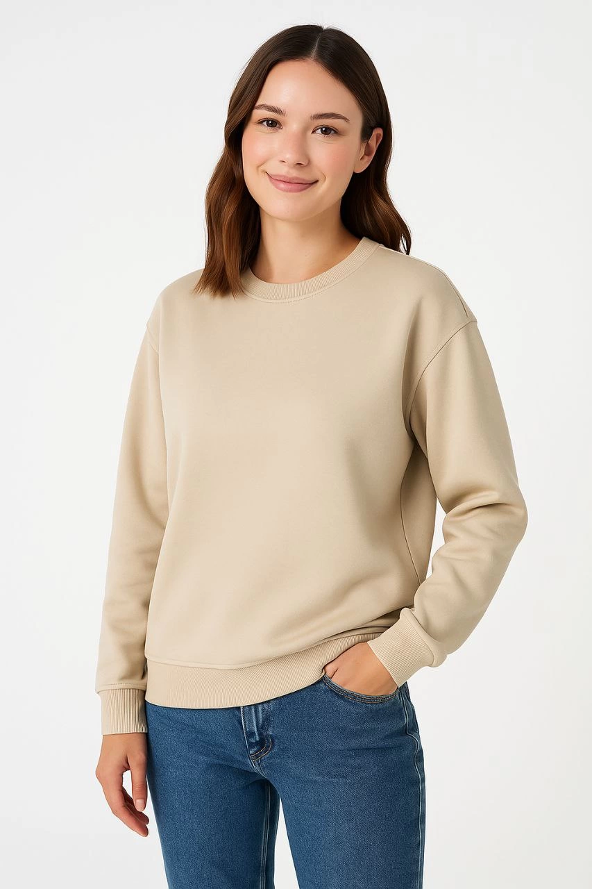 Kadın 3 İplik Pamuklu Düz Bisiklet Yaka SweatShirt – Bej