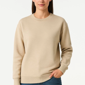 Kadın 3 İplik Pamuklu Düz Bisiklet Yaka SweatShirt – Bej