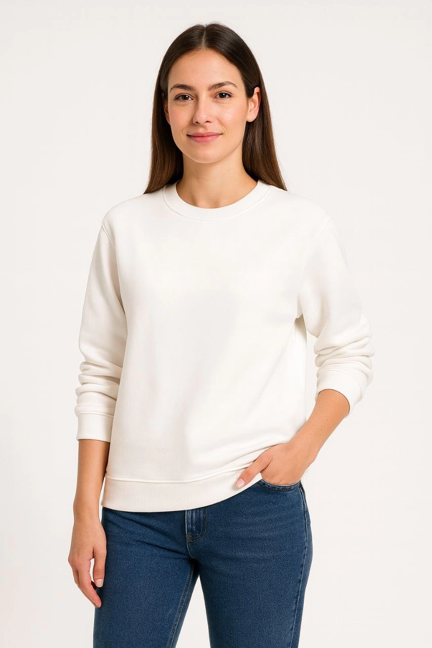 Kadın 3 İplik Pamuklu Düz Bisiklet Yaka SweatShirt – Beyaz