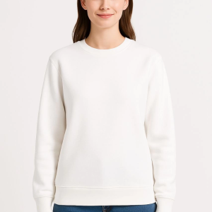 Kadın 3 İplik Pamuklu Düz Bisiklet Yaka SweatShirt – Beyaz