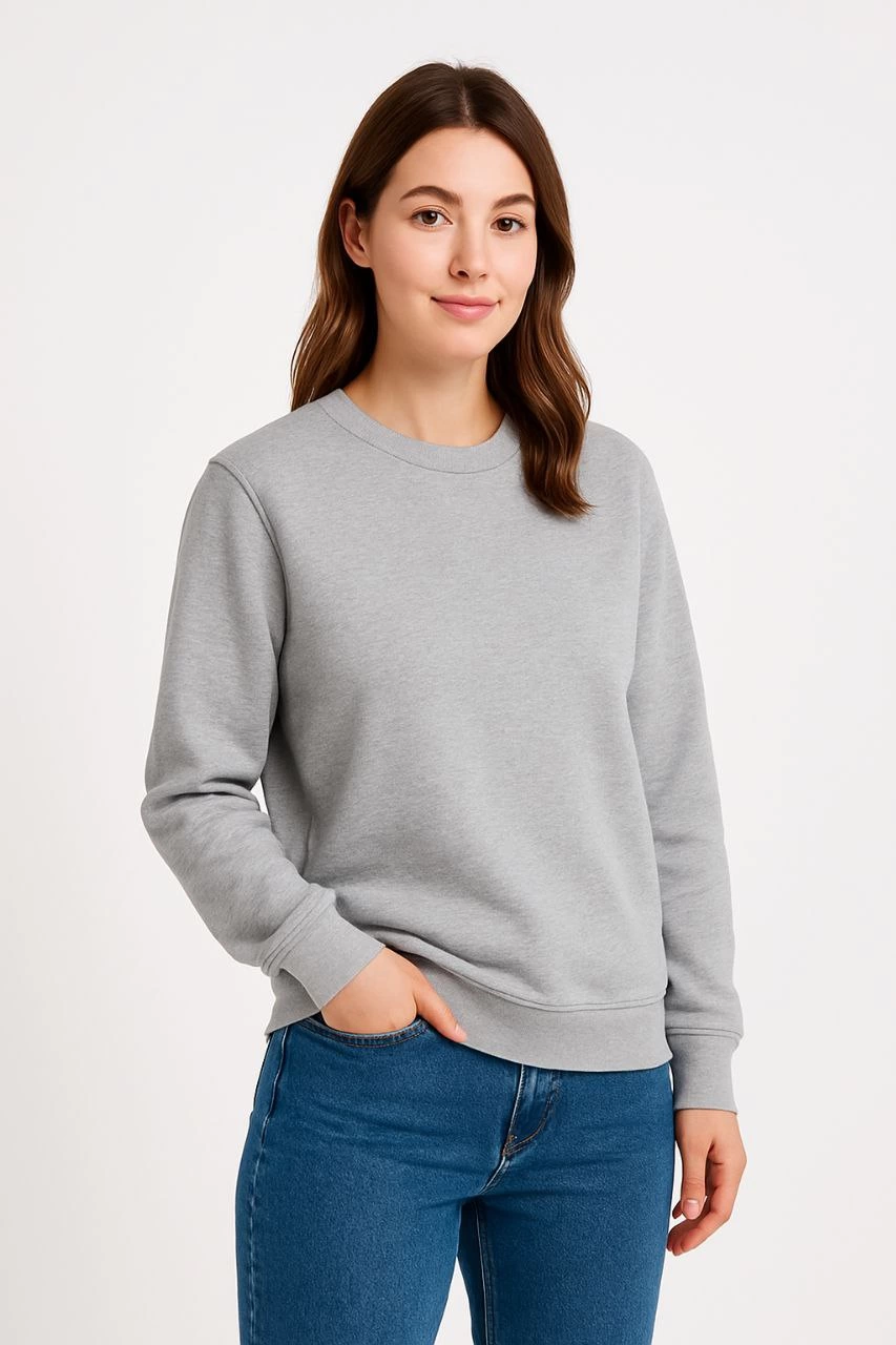 Kadın 3 İplik Pamuklu Düz Bisiklet Yaka SweatShirt – Gri