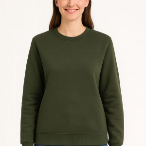 Kadın 3 İplik Pamuklu Düz Bisiklet Yaka SweatShirt – Haki