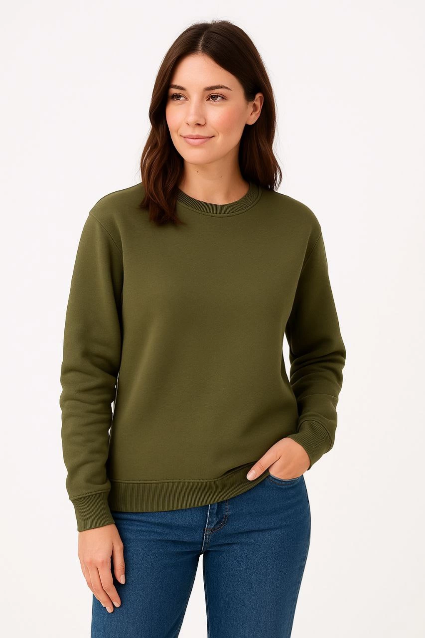 Kadın 3 İplik Pamuklu Düz Bisiklet Yaka SweatShirt – Haki