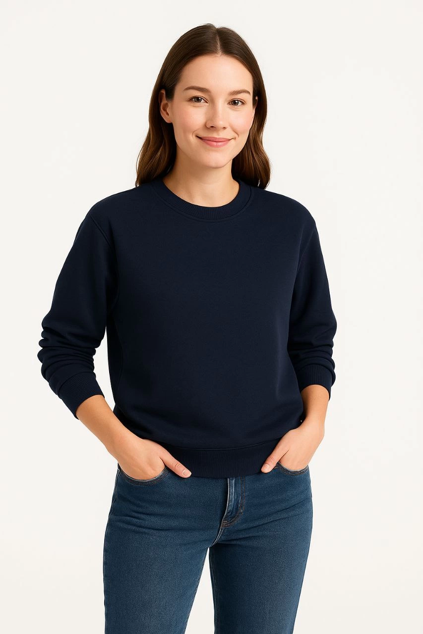 Kadın 3 İplik Pamuklu Düz Bisiklet Yaka SweatShirt – Lacivert