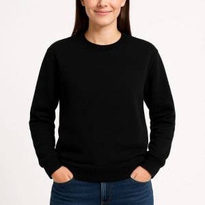 Kadın 3 İplik Pamuklu Düz Bisiklet Yaka SweatShirt – Siyah