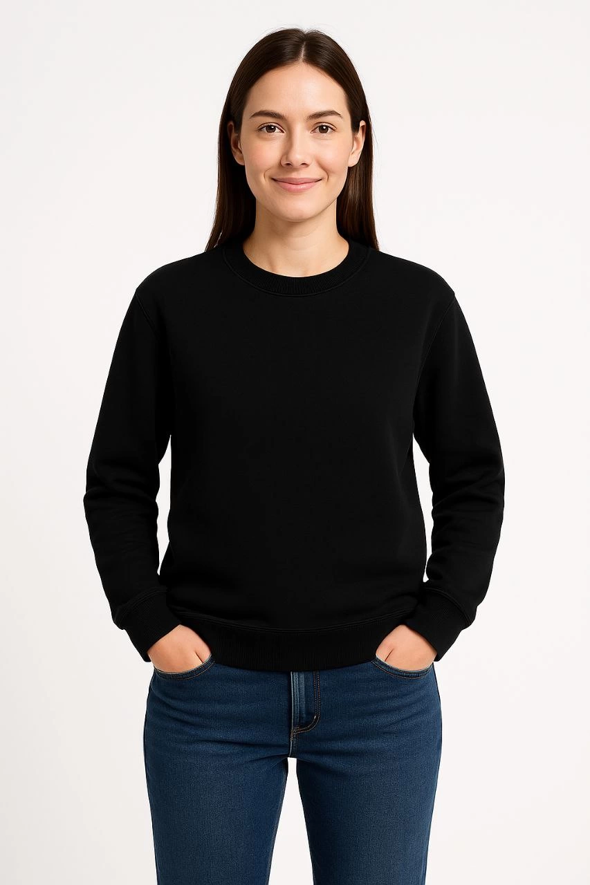 Kadın 3 İplik Pamuklu Düz Bisiklet Yaka SweatShirt – Siyah