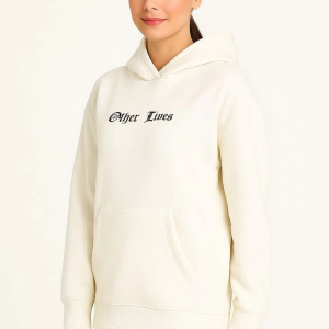 Kadın Oversize Kapüşonlu Kanguru Cepli Baskılı 3 İplik Pamuklu Sweatshirt Hoodie – Beyaz