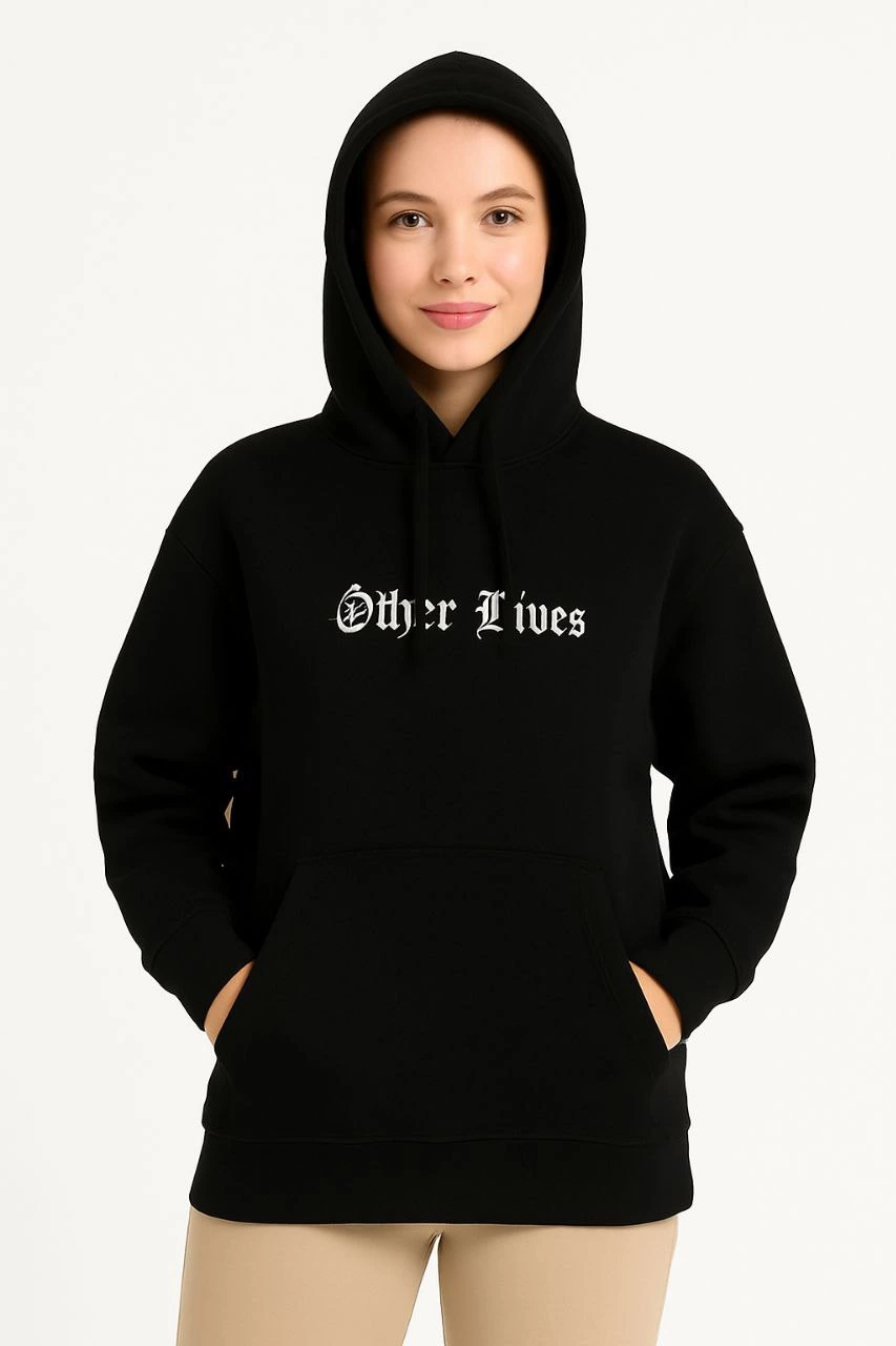 Kadın Kapüşonlu Kanguru Cepli Sweatshirt 3 İplik Pamuklu Baskılı Hoodie – Siyah