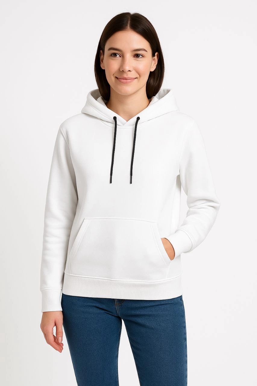 Kadın Kapüşonlu Kanguru Cepli 3 İplik Pamuklu Oversize Hoodie Sweatshirt – Beyaz
