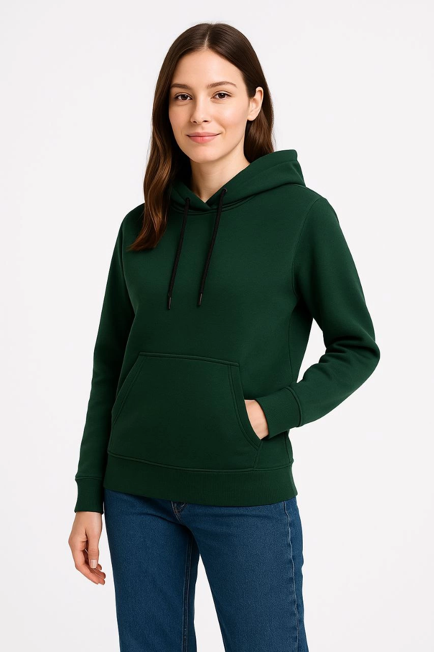 Kadın 3 İplik Pamuklu Kapüşonlu Kanguru Cepli Sweatshirt hoodie – Haki