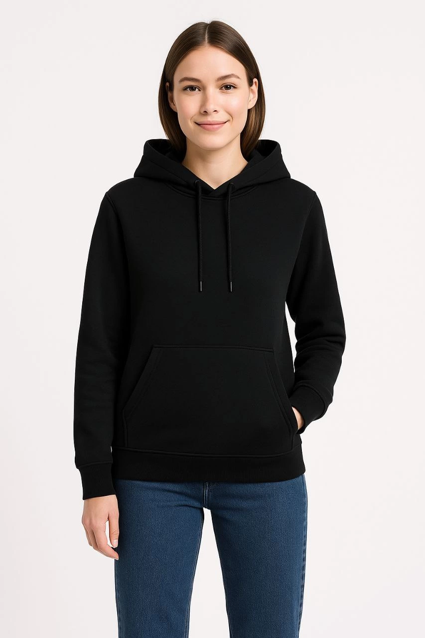 Kadın 3 İplik Pamuklu Kapüşonlu Kanguru Cepli Sweatshirt hoodie – Siyah