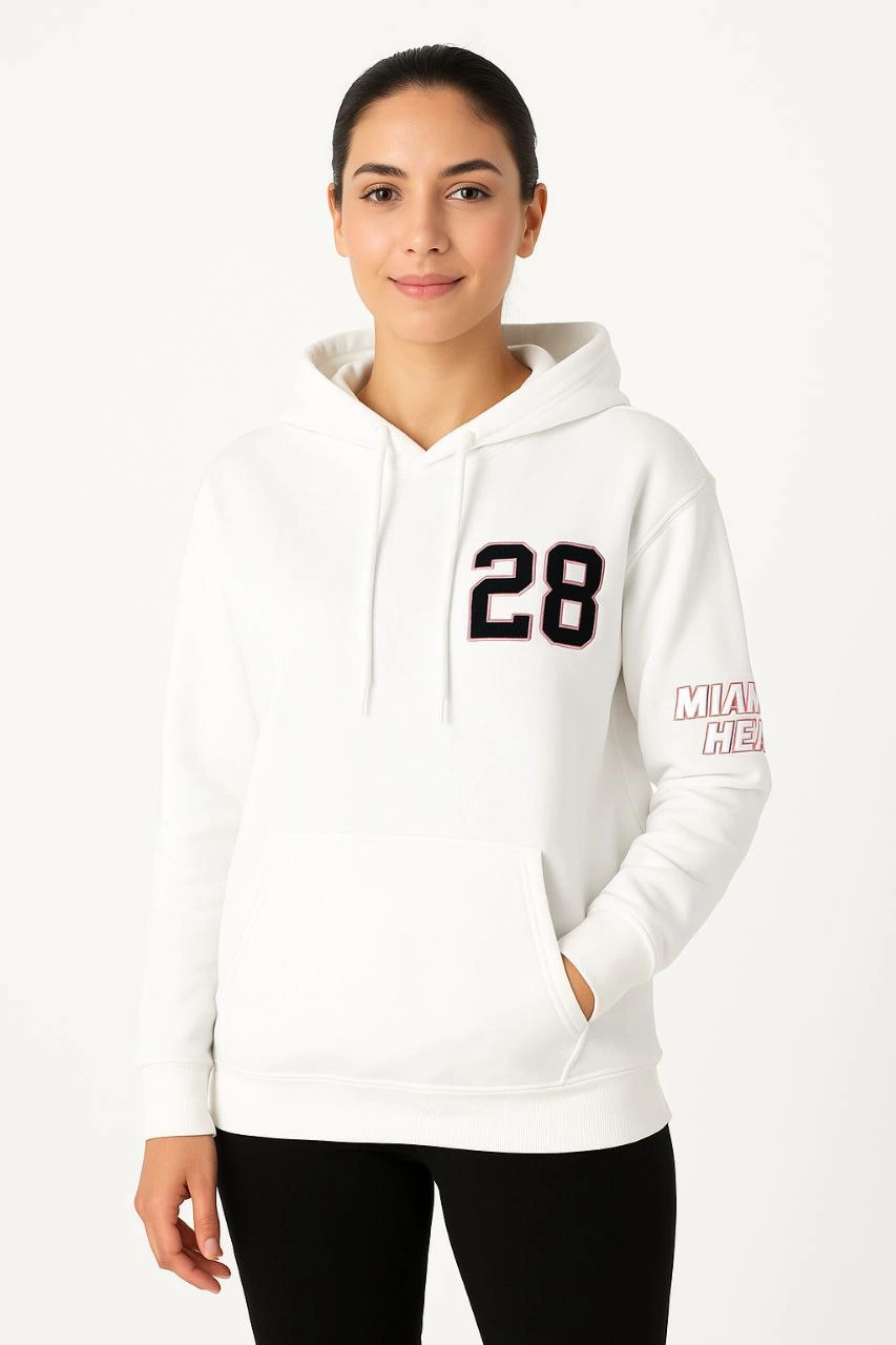 Kadın Kapüşonlu Kanguru Cepli Sweatshirt 3 İplik Pamuklu Baskılı Hoodie – Beyaz
