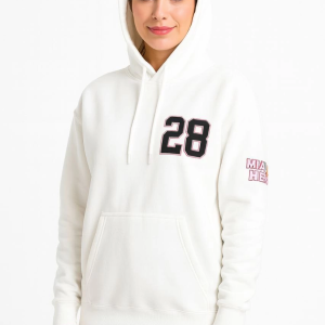 Kadın Kapüşonlu Kanguru Cepli Sweatshirt 3 İplik Pamuklu Baskılı Hoodie – Beyaz