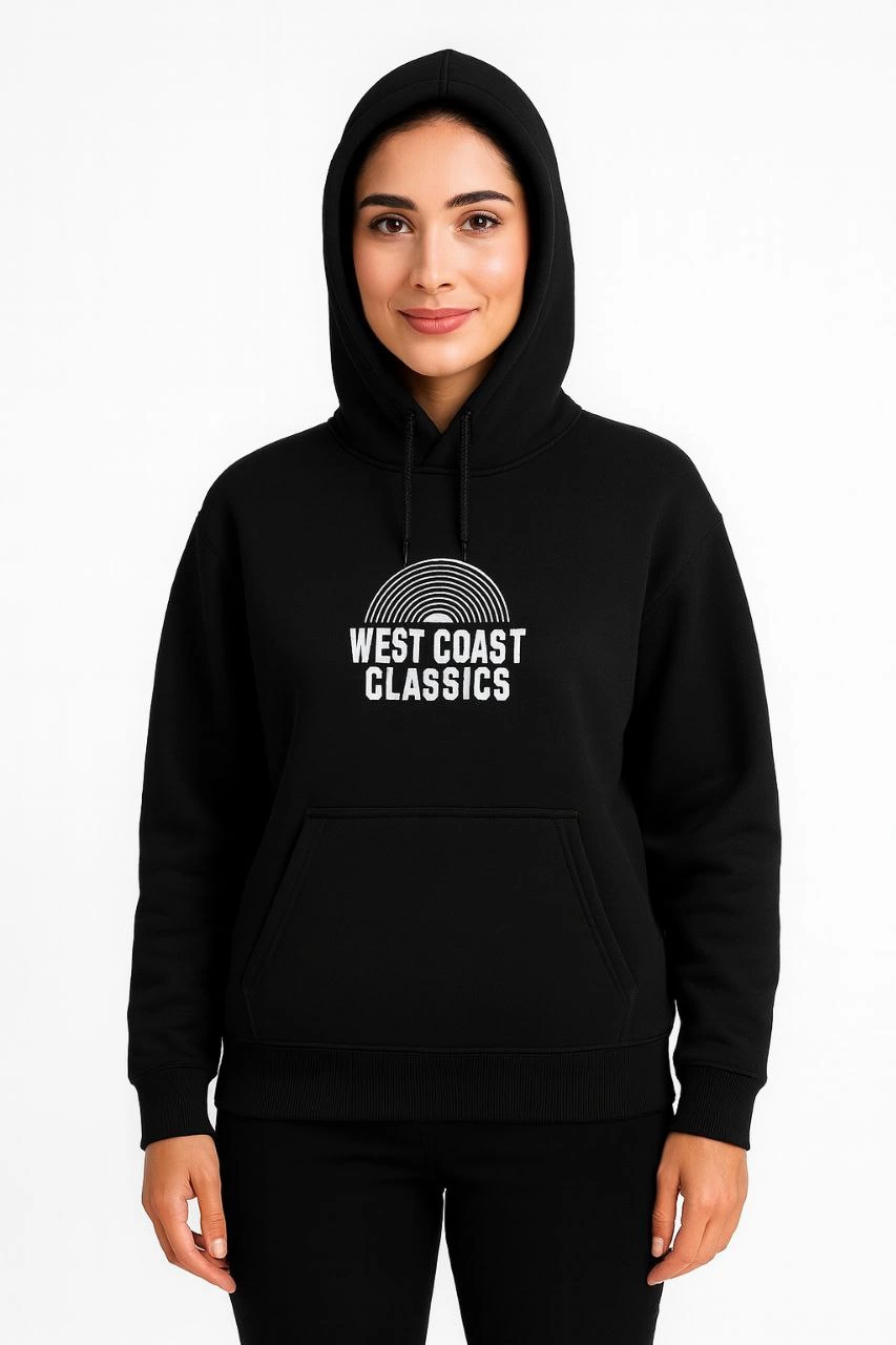 Kadın Oversize Kapüşonlu Cepli Baskılı 3 İplik Pamuklu Hoodie Sweatshirt – Siyah