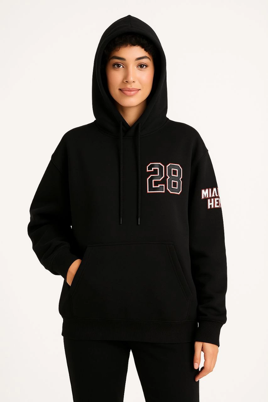 Kadın 3 İplik Pamuklu Kapüşonlu Kanguru Cepli Baskılı Hoodie Sweatshirt – Siyah