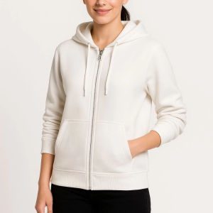 Kadın 3 İplik Kapüşonlu Tam Fermuarlı Kanguru Cepli Sweatshirt Hoodie – Beyaz
